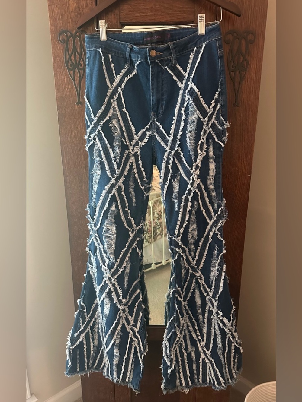 Artist Frayed Lattice-Pattern Dark Bell Bottom Jeans 70s Size L One of a Kind